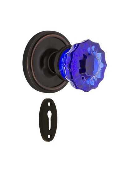 Classic Rosette Mortise Lock Set with Colored Fluted Crystal Glass Knobs Cobalt Blue in Timeless Bronze.